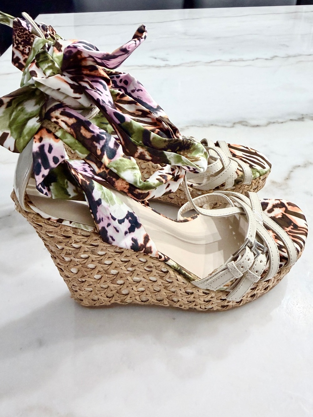 Call It Spring ankle wrap multi color animal print espadrille wedge heels size 8